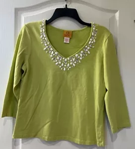 Ruby Rd Womens Ivory Beaded Neck Quarter Sleeves Casual Blouse Top Size Small - Picture 1 of 8