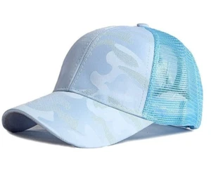 Sky Blue Camo Ponycap Camouflage Ponytail Adjustable Mesh Trucker Baseball Cap - Picture 1 of 5
