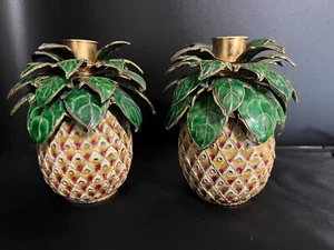 Pair Vintage Enamel Brass Pineapple Candle Holders Shiny Heavy Unique 5" - Picture 1 of 9