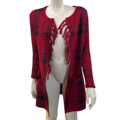 Cárdigan abierto a cuadros con flecos Adrienne Vittadini pequeño rojo negro búfalo para mujer Foto 1 de 4