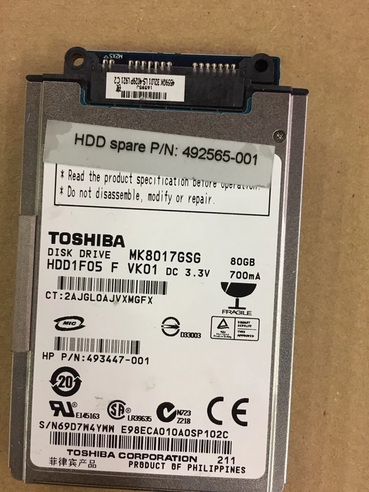 HP 492565,493447-001,Toshiba-80GB HDD -MK8017GSG-SATA 1.8 INCH,5400RPM - Image 1 of 1