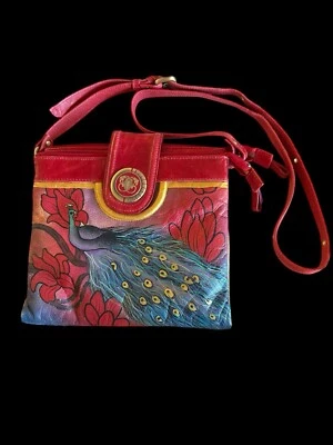 Hand Painted Peacock Original by Sharif 1827 Red Leather Purse Crossbody - Image 1 of 4