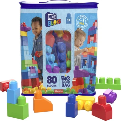 MEGA BLOKS Bolsa de Construcción Grande Juego de Bloques de Juguete (80 Bloques), Azul para Niño 1Y+ Foto 1 de 4