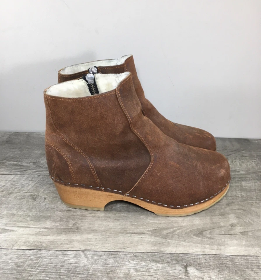 Zuecos impermeables de cuero forrados de lana al tobillo botas para mujer 10 EE. UU. 40 UE vintage marrón Foto 1 de 4