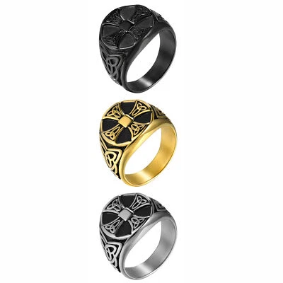 Men's Stainless Steel Retro Cross Irish Celtic Trinity Knot Ring Band Size 7-15 - Image 1 of 4