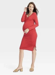 Ingrid & Isabel Maternity L Large Dress Red Long Sleeve Ruched Bodycon Midi New - Picture 1 of 1