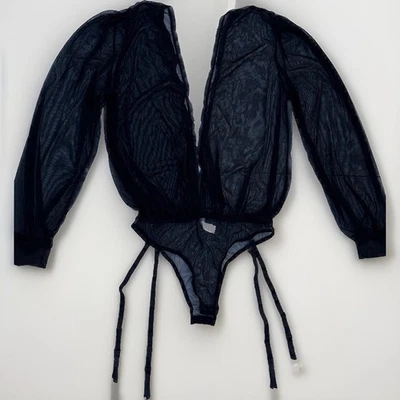 Fantasy Lingerie Women’s Black Mesh Sheer Bodysuit M/L Puff Sleeve Plunge Garter - Image 1 of 4