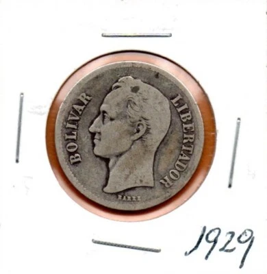 Venezuela Coin  2 Bolivares de 1929, Silver .835, 10 gr. 27mm (Low Shipping) - Image 1 of 2