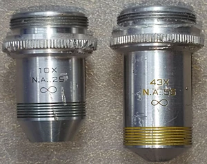 American Optical. 2 OBJETIVOS DE MICROSCOPIO AO 10X&43X.10X/N.A..25 ∞ &43X N.A..55∞. - Imagen 1 de 10