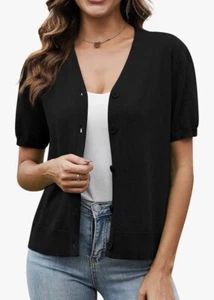 VIIShow Lightweight Cardigan Button Down V Neck Crochet Cropped Medium Black - Picture 1 of 5
