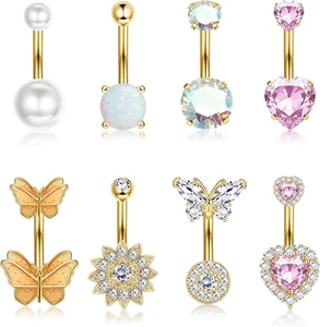 8Pcs Surgical Stainless Steel Belly Button Rings for Women - Cute Pink Butterfly - Picture 1 of 15