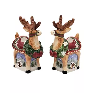 Alpine Lodge Holliday Ceramic Reindeer Christmas Taper Candleholders NIB - Picture 1 of 6