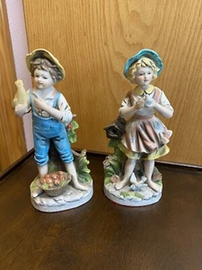 Vintage Homco Country Farm Boy and Girl Figurines ~Ceramic "Antiqued" #8880 - Picture 1 of 8