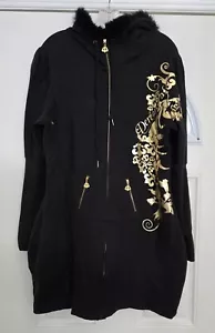 Chaqueta Dereon Mujer 1X Negra Elastizada Tejida Cremallera Completa Imitación Piel Capucha Logo Dorado L/S - Imagen 1 de 13