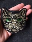 Kitty Cat Kitten Sequins Sew on Patch  Appliqué 7.3 cm x 8 cm Black Green Eyes