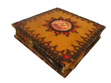 vintage Romania wood match box. folk art. Bran Castle. Holds 4 boxes. 4" square