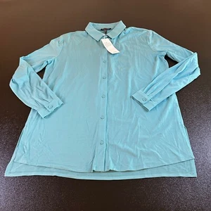 Eileen Fisher Classic Collar Shirt Fine Jersey Button Up Blue Womens XXS NWT - Picture 1 of 10
