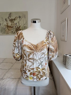 H&M Size 10 White Yellow Brown Red Green Tropical Blouse Top Linen Blend - Image 1 of 4