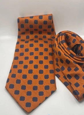 Ermenegildo Zegna Men's Orange Silk Neck Tie Blue Squared Dots Italy - Image 1 of 4