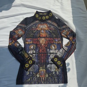 Jean Paul Gaultier Power Mesh Top Stained Glass Print Knit Collar Cuffs Japan - Picture 1 of 24