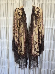 Womens 100% Silk Fringe Kimono Floral Brown One Size Mob Wife Wearable Art - Picture 1 of 4
