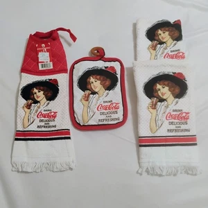 Vintage 1984 Coca Cola Kitchen Set Of 4 Towels & Pot Holder Made in USA Cannon - Picture 1 of 15