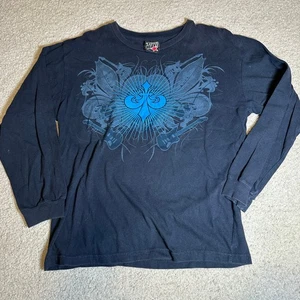 Women's Vintage Y2K Top Heavy Guitar Celtic Long Sleeve Big Logo Blue Shirt M - Picture 1 of 6