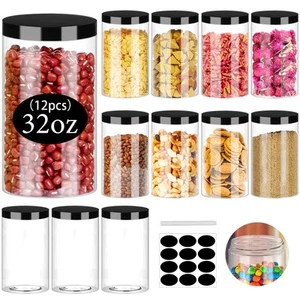 Clear Plastic Jars 32oz 12Pack Big Round PET Plastic Containers with Black Sc... - Picture 1 of 7