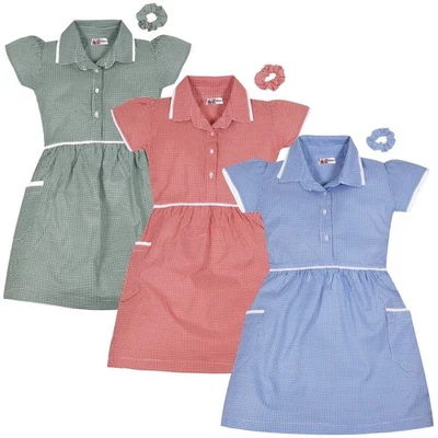 Enfants Filles Paquet De 2 Uniforme École Robe Vichy Robe avec Assorti Chouchous - Photo 1/2