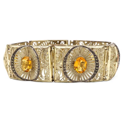 Vintage Vermeil Yellow Paste and Marcasite Filigree Link Bracelet - Image 1 of 4