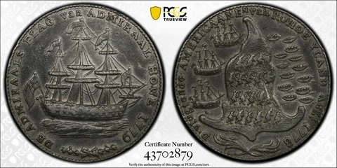 1779 Rhode Island Token Super Rare Pewter, Wreath Below  PCGS GRADE AU55 Secure Cover