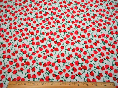 Floral Quilt Fabric By Yard Red Pink Roses Grn Stem White Premium Cotton Vtg #PC - Image 1 of 2
