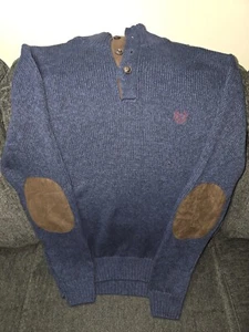 Chaps Sweater Mens Medium Blue Henley Navy Twist Long Sleeve Elbow Pads Cotton - Picture 1 of 10