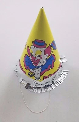 Sombrero vintage de payaso de circo feliz cumpleaños fiesta cono de papel amarillo bozo flecos Foto 1 de 3