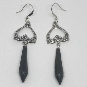 HERMOSOS PENDIENTES DE COLECCIÓN DE VIDRIO NEGRO FACETADO Gota ART NOUVEAU PLATA GANCHO PLANO - Imagen 1 de 5