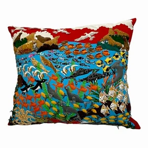 GALAPAGOS HAND APPLIQUE Marine Sea Life Fish Penquin Pillow RED 18x14"Case Only" - Picture 1 of 7