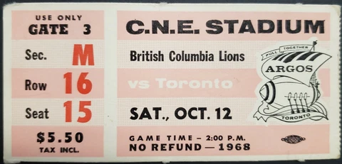 1968 C.N.E. Stadium British Columbia Lions vs Toronto Argonauts CFL Football Cover