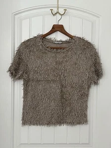 Maglione donna ZARA Trafaluc Collection nuovo senza etichetta L taupe shaggy manica corta - Foto 1 di 5