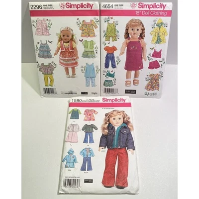 3 Simplicity 18" Doll Wardrobe Clothes Pattern 2296 4654 1580 Uncut Jeans Jacket - Image 1 of 2