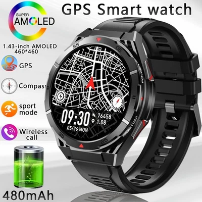 5ATM GPS Smartwatch Herren Uhr Kompass Höhenmesser Telefonfunktion Schlafmonit - Bild 1 von 4