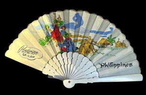 VINTAGE HANDBEMALTER HOLZ PARDANGGO SALLAW PHILIPPINEN mit TÄNZERN HANDVENTILATOR - Bild 1 von 9