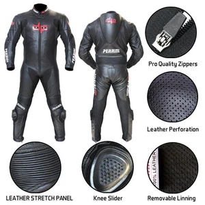 1pc Perrini Fusion Motorcycle Riding Racing Leather Suit w/ Padding & Hump Black - Bild 1 von 5