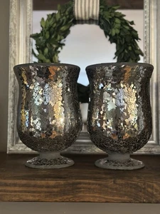 Pair of Dazzling Silver & Black Footed Mosaic Glass Hurricane Vases 8" - Picture 1 of 18