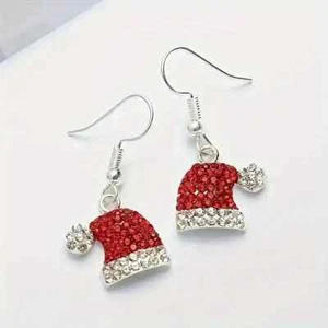 Christmas Dangle Earrings - Rhinestone Santa Hats - Picture 1 of 2