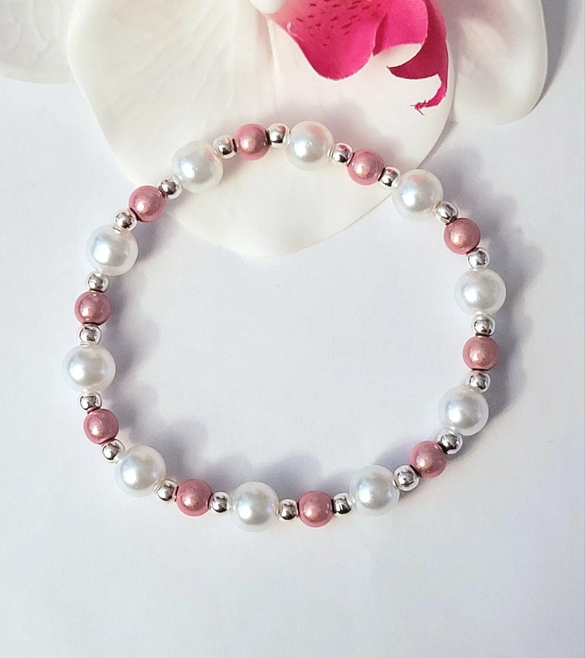 Sylvie's Magic Beads Perlen Armband weiß rosa silber 19 cm, Hochzeit / 0551 - Bild 1 von 1