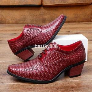 Men's Cuban Heel Formal Dress Shoes Pointed Cap Toe Wedding Oxfords Leather Red - Picture 1 of 12