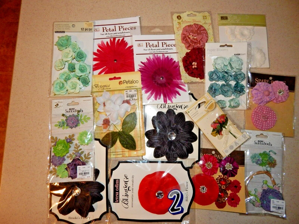 Floral Embellishments Lot of 16 Packages Silk, Fabric and Paper  50+ flowers(#2) - Image 1 of 2