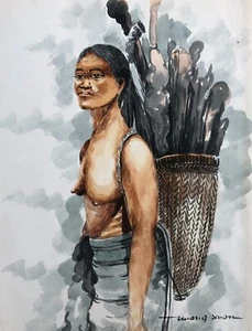 Aquarelle Vietnamienne Ancienne, Signature à Identifier, Arts d'Asie, XXe - Imagen 1 de 4