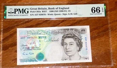 BILLETE GRAN BRETAÑA 5 CINCO LIBRAS 1990 P382Ah Inglaterra QEII PMG 66 EPQ Reino Unido Foto 1 de 4