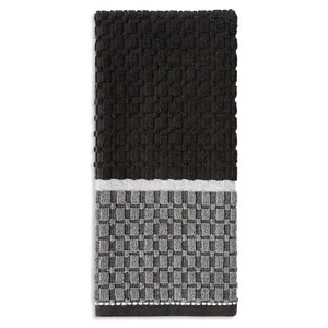 Siena Black Gray Kitchen Towels Absorbent Cotton Contrasting Color Border 2-Pc - Picture 1 of 4